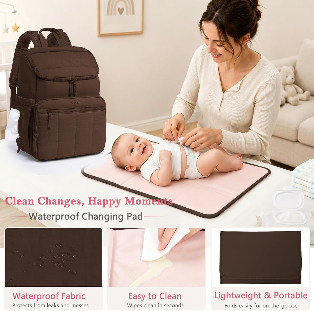 Puffy Diaper Bag Backpack for Mom, Lightweight Quilted Baby Bag with Waterproof Changing Pad, Large Travel Diaper Backpack with Insulated Bottle Pockets, Wipes Pocket, Stroller Straps