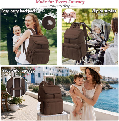 Puffy Diaper Bag Backpack for Mom, Lightweight Quilted Baby Bag with Waterproof Changing Pad, Large Travel Diaper Backpack with Insulated Bottle Pockets, Wipes Pocket, Stroller Straps