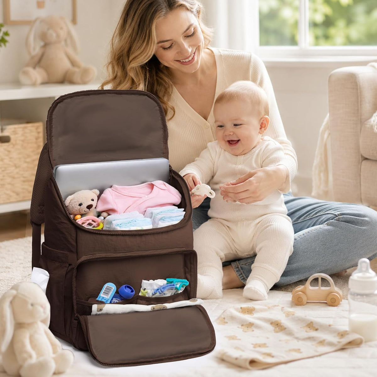 Puffy Diaper Bag Backpack for Mom, Lightweight Quilted Baby Bag with Waterproof Changing Pad, Large Travel Diaper Backpack with Insulated Bottle Pockets, Wipes Pocket, Stroller Straps