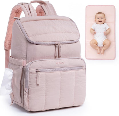 Puffy Diaper Bag Backpack for Mom, Lightweight Quilted Baby Bag with Waterproof Changing Pad, Large Travel Diaper Backpack with Insulated Bottle Pockets, Wipes Pocket, Stroller Straps