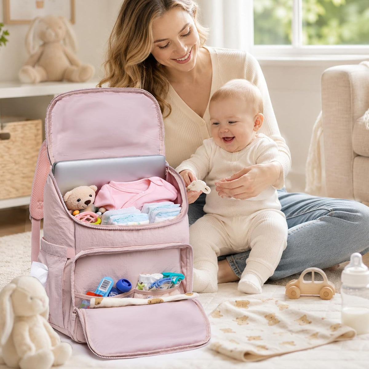 Puffy Diaper Bag Backpack for Mom, Lightweight Quilted Baby Bag with Waterproof Changing Pad, Large Travel Diaper Backpack with Insulated Bottle Pockets, Wipes Pocket, Stroller Straps