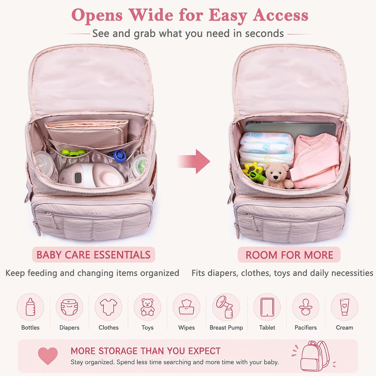 Puffy Diaper Bag Backpack for Mom, Lightweight Quilted Baby Bag with Waterproof Changing Pad, Large Travel Diaper Backpack with Insulated Bottle Pockets, Wipes Pocket, Stroller Straps