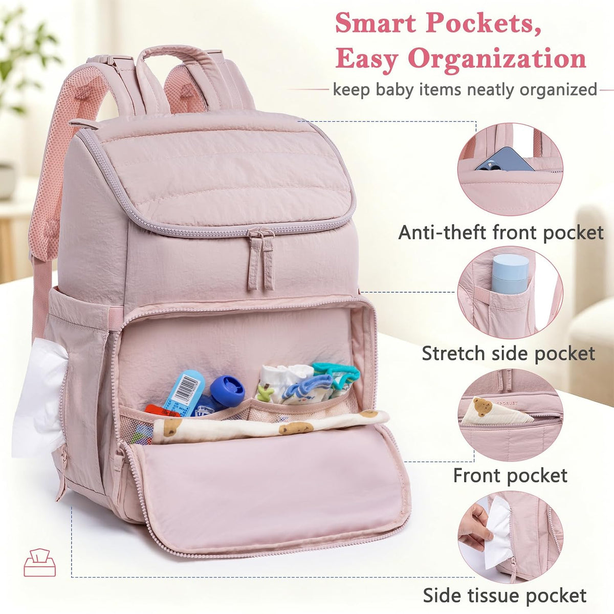 Puffy Diaper Bag Backpack for Mom, Lightweight Quilted Baby Bag with Waterproof Changing Pad, Large Travel Diaper Backpack with Insulated Bottle Pockets, Wipes Pocket, Stroller Straps
