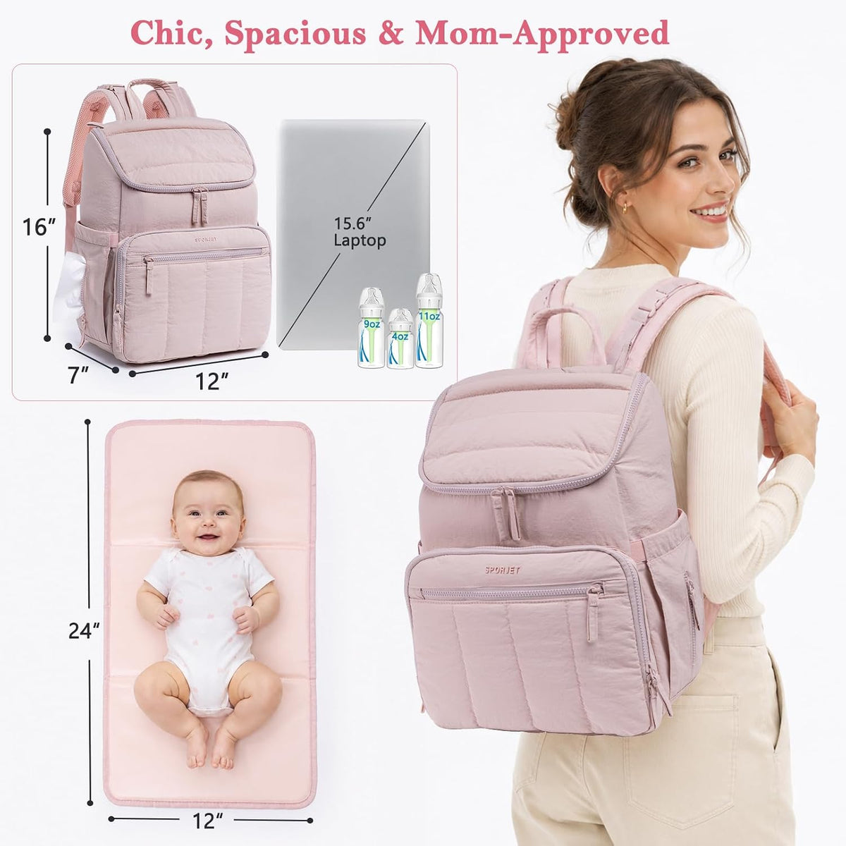 Puffy Diaper Bag Backpack for Mom, Lightweight Quilted Baby Bag with Waterproof Changing Pad, Large Travel Diaper Backpack with Insulated Bottle Pockets, Wipes Pocket, Stroller Straps