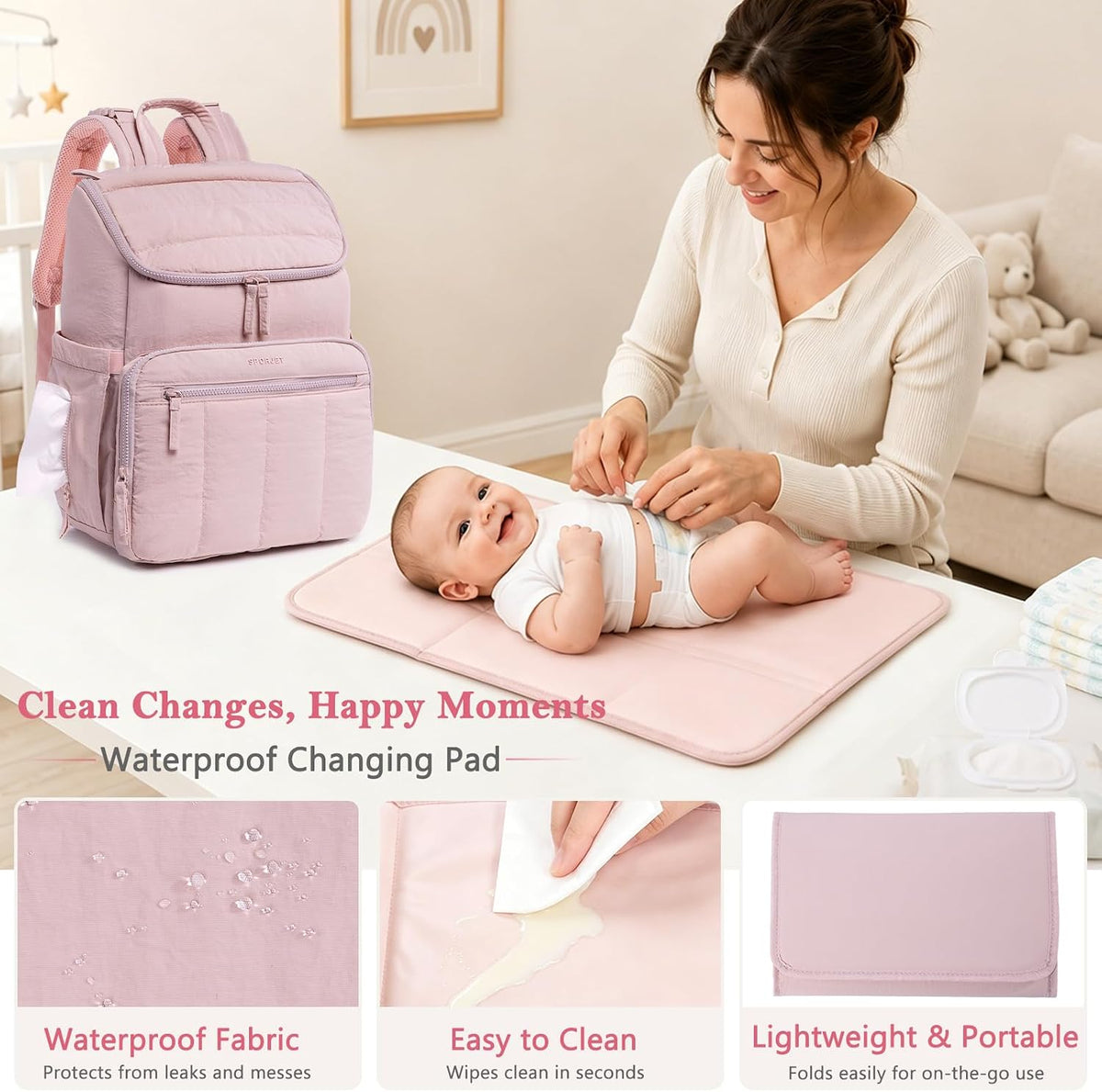Puffy Diaper Bag Backpack for Mom, Lightweight Quilted Baby Bag with Waterproof Changing Pad, Large Travel Diaper Backpack with Insulated Bottle Pockets, Wipes Pocket, Stroller Straps