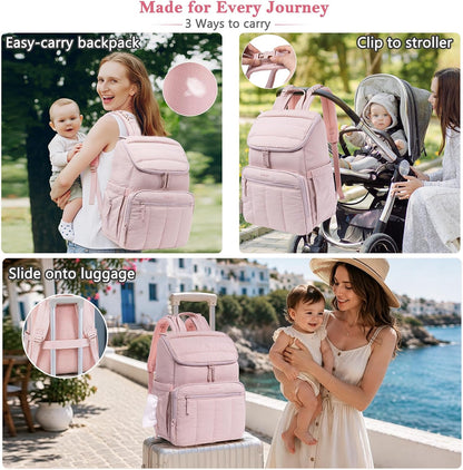 Puffy Diaper Bag Backpack for Mom, Lightweight Quilted Baby Bag with Waterproof Changing Pad, Large Travel Diaper Backpack with Insulated Bottle Pockets, Wipes Pocket, Stroller Straps