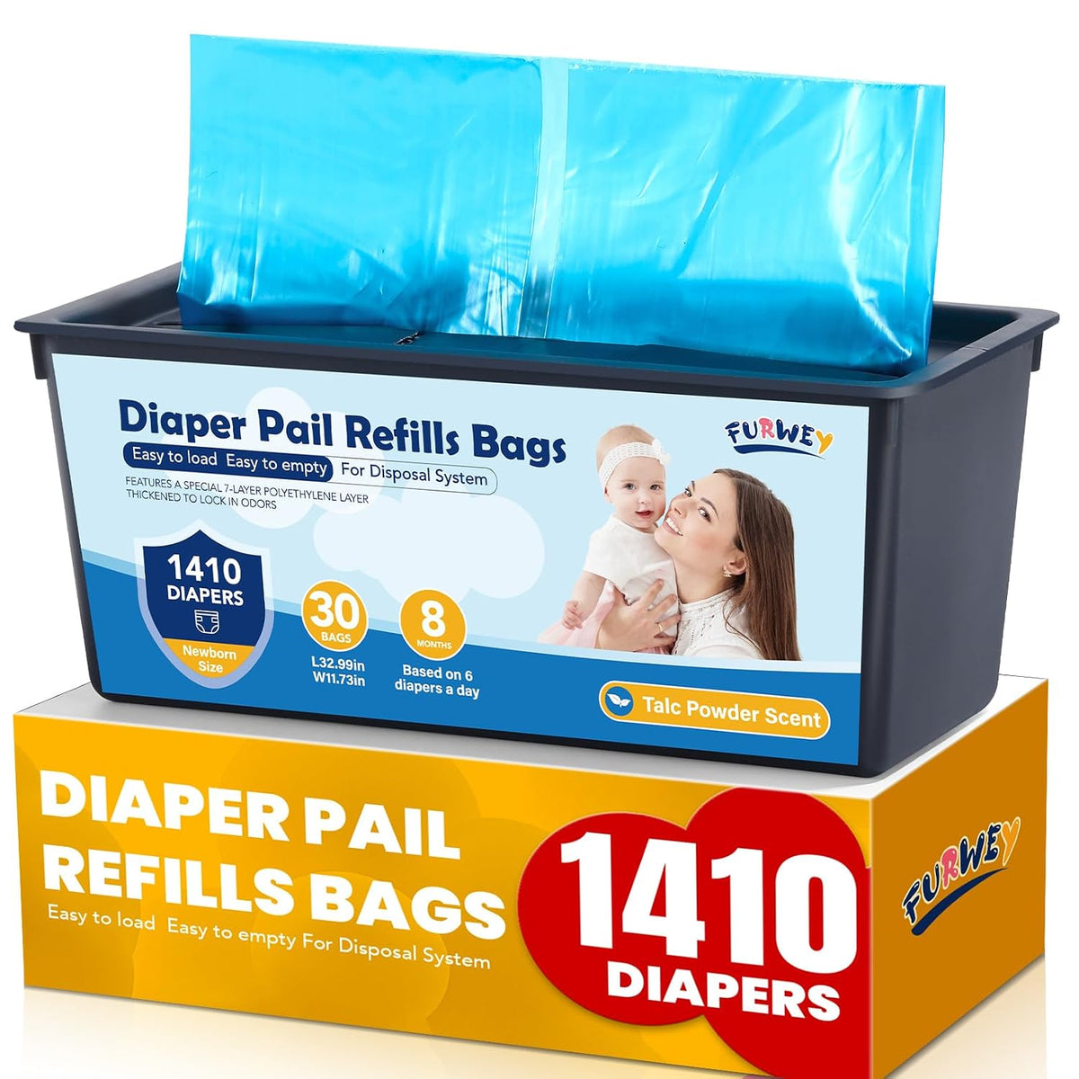 Diaper Pail Refill Bags, (120 Bags), 30 Bags Per Refill
