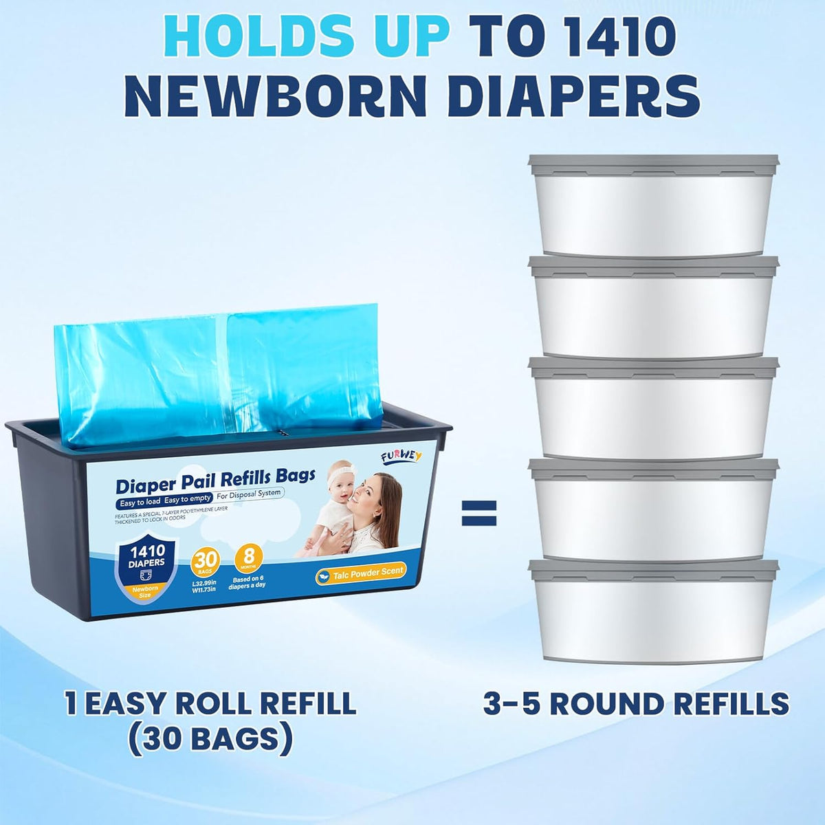Diaper Pail Refill Bags, (120 Bags), 30 Bags Per Refill