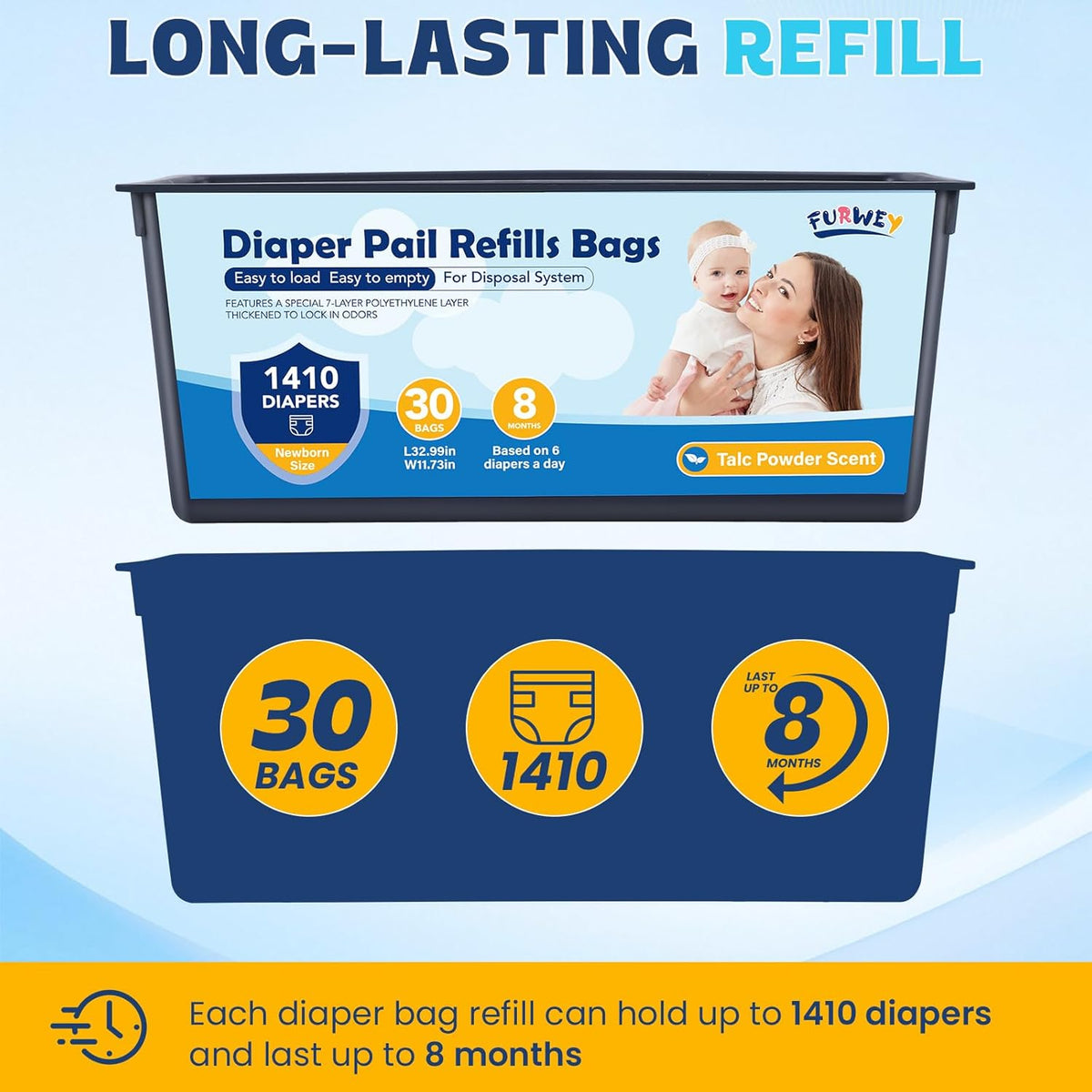Diaper Pail Refill Bags, (120 Bags), 30 Bags Per Refill