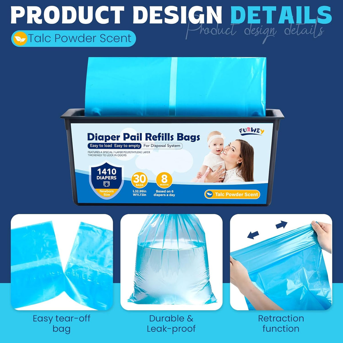 Diaper Pail Refill Bags, (120 Bags), 30 Bags Per Refill