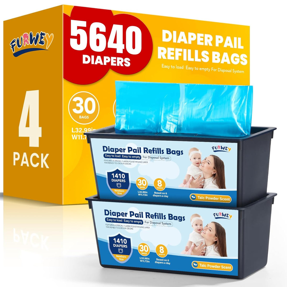 Diaper Pail Refill Bags, (120 Bags), 30 Bags Per Refill