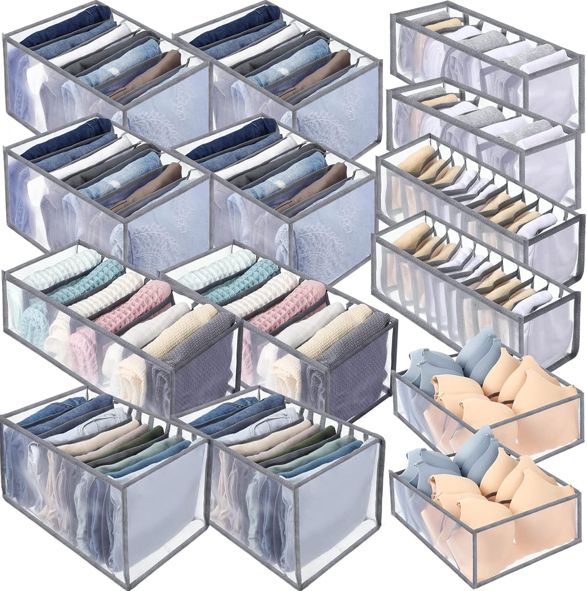 14 Pcs 6 Different Sizes Upgraded Wardrobe Clothes Organizer Jeans Organizer for Closet Foldable Pants Storage with Compartments Divided Sweater Boxes for Closet Shirts Underwear Socks Bra Bins, Gray