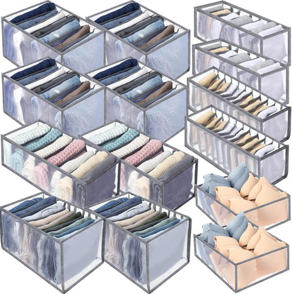 14 Pcs 6 Different Sizes Upgraded Wardrobe Clothes Organizer Jeans Organizer for Closet Foldable Pants Storage with Compartments Divided Sweater Boxes for Closet Shirts Underwear Socks Bra Bins, Gray