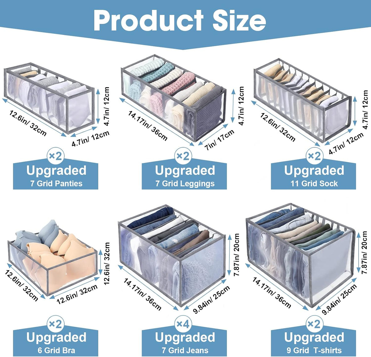 14 Pcs 6 Different Sizes Upgraded Wardrobe Clothes Organizer Jeans Organizer for Closet Foldable Pants Storage with Compartments Divided Sweater Boxes for Closet Shirts Underwear Socks Bra Bins, Gray