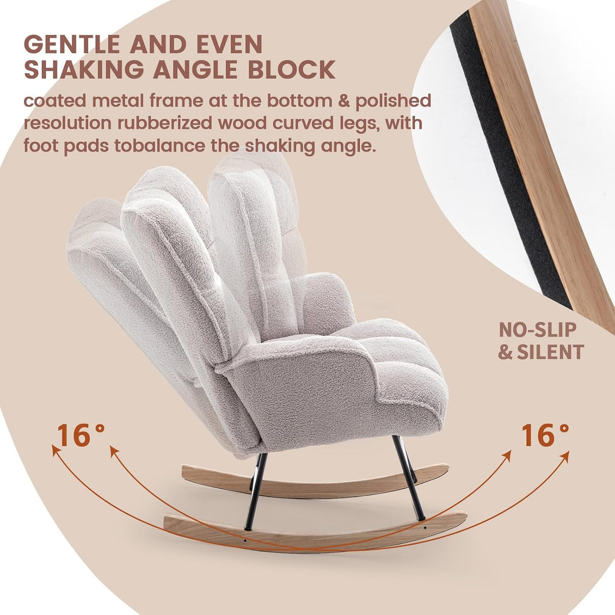Rocking Chair Nursery Teddy Upholstered Glider Rocker Rocking Accent Chair Padded Seat with High Backrest Armchair Comfy Side Chair for Living Room Bedroom Offices (Grey Teddy)