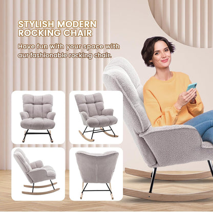 Rocking Chair Nursery Teddy Upholstered Glider Rocker Rocking Accent Chair Padded Seat with High Backrest Armchair Comfy Side Chair for Living Room Bedroom Offices (Grey Teddy)