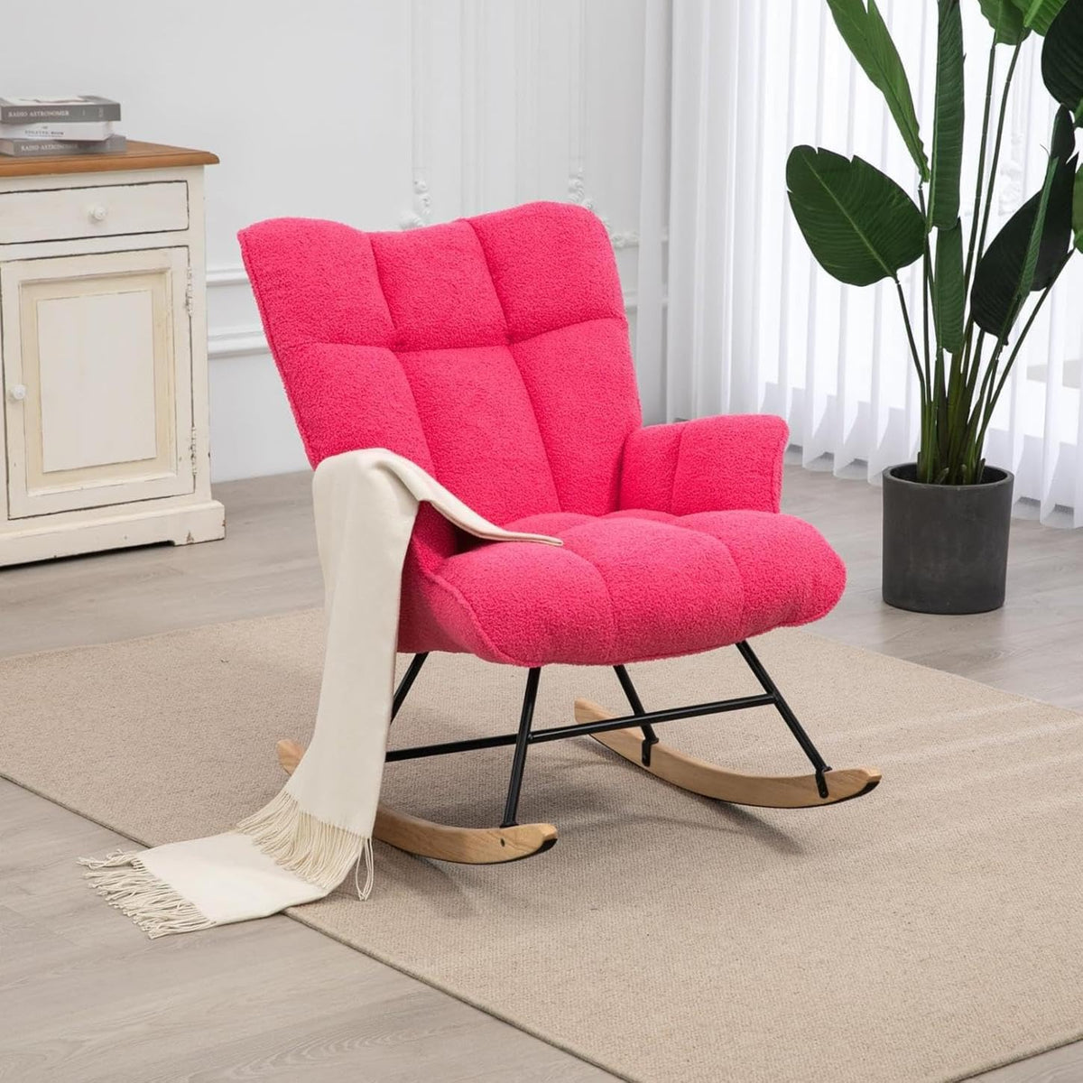 Rocking Chair Nursery Teddy Upholstered Glider Rocker Rocking Accent Chair Padded Seat with High Backrest Armchair Comfy Side Chair for Living Room Bedroom Offices (Grey Teddy)