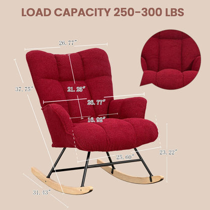 Rocking Chair Nursery Teddy Upholstered Glider Rocker Rocking Accent Chair Padded Seat with High Backrest Armchair Comfy Side Chair for Living Room Bedroom Offices (Grey Teddy)