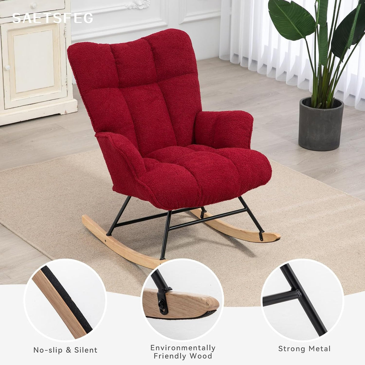 Rocking Chair Nursery Teddy Upholstered Glider Rocker Rocking Accent Chair Padded Seat with High Backrest Armchair Comfy Side Chair for Living Room Bedroom Offices (Grey Teddy)