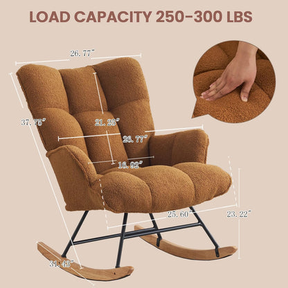 Rocking Chair Nursery Teddy Upholstered Glider Rocker Rocking Accent Chair Padded Seat with High Backrest Armchair Comfy Side Chair for Living Room Bedroom Offices (Grey Teddy)