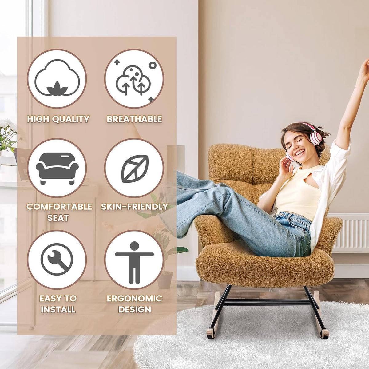 Rocking Chair Nursery Teddy Upholstered Glider Rocker Rocking Accent Chair Padded Seat with High Backrest Armchair Comfy Side Chair for Living Room Bedroom Offices (Grey Teddy)