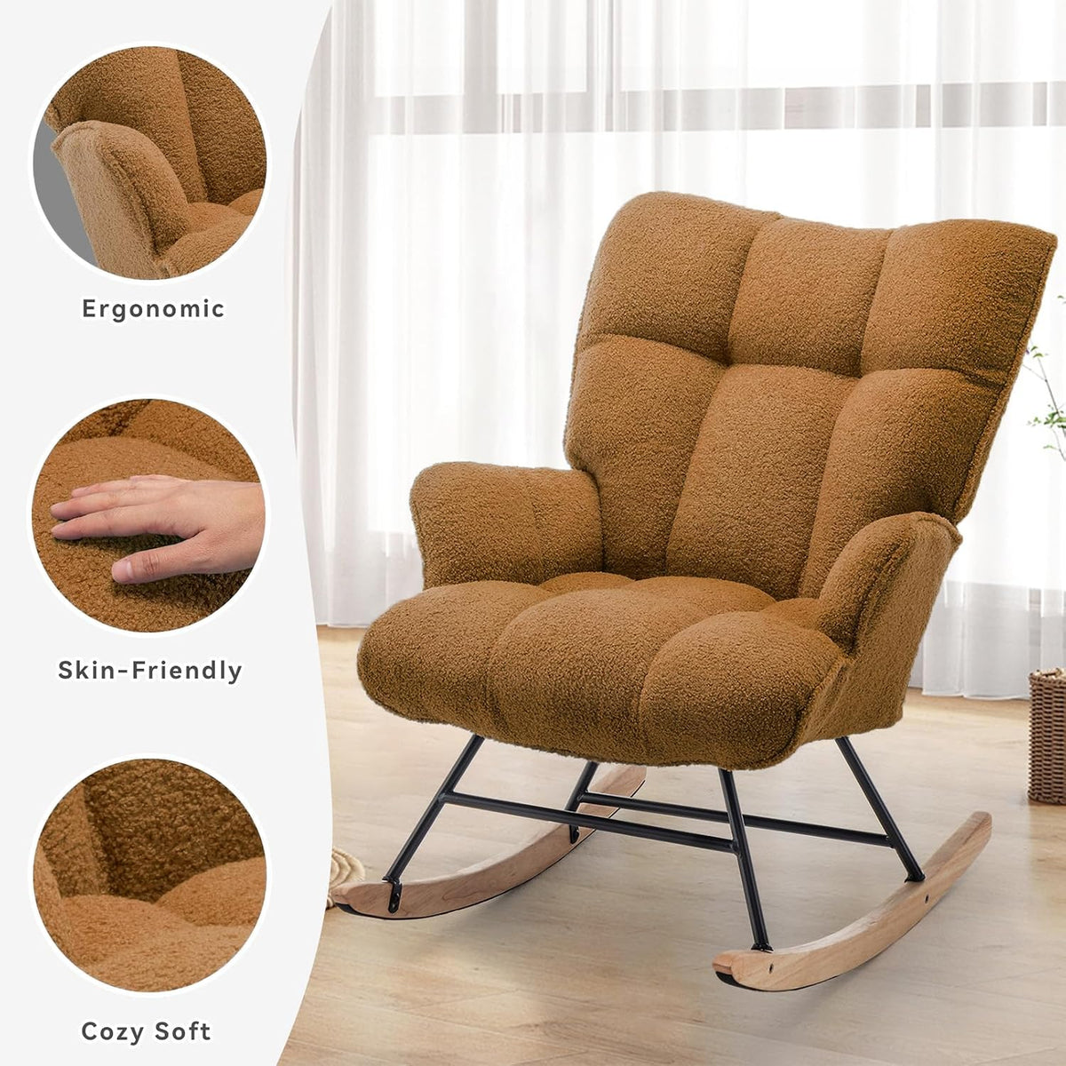 Rocking Chair Nursery Teddy Upholstered Glider Rocker Rocking Accent Chair Padded Seat with High Backrest Armchair Comfy Side Chair for Living Room Bedroom Offices (Grey Teddy)