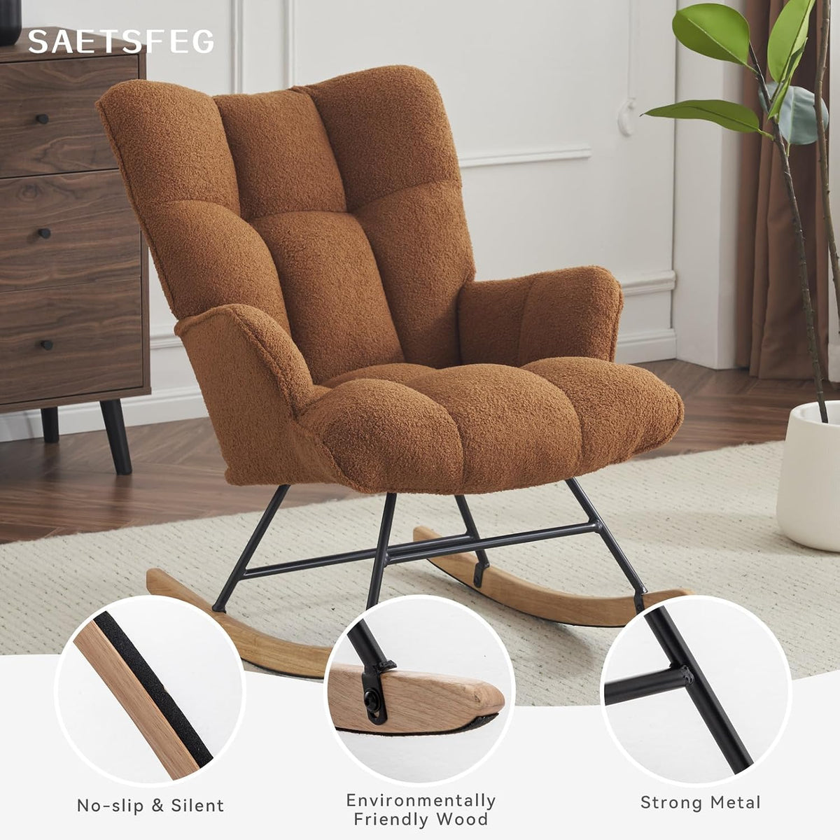 Rocking Chair Nursery Teddy Upholstered Glider Rocker Rocking Accent Chair Padded Seat with High Backrest Armchair Comfy Side Chair for Living Room Bedroom Offices (Grey Teddy)