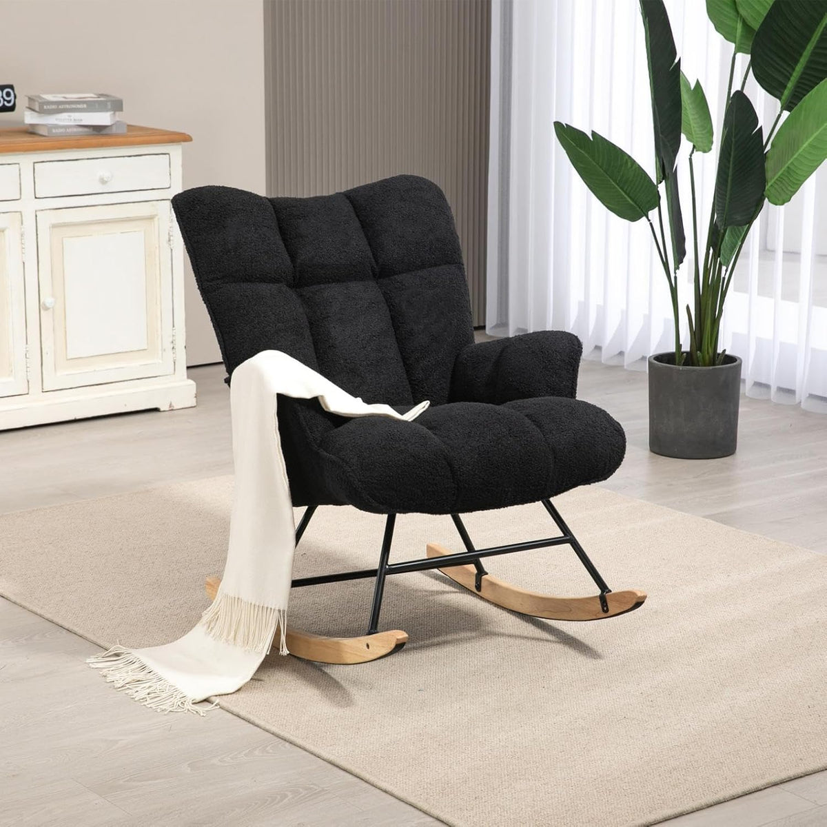 Rocking Chair Nursery Teddy Upholstered Glider Rocker Rocking Accent Chair Padded Seat with High Backrest Armchair Comfy Side Chair for Living Room Bedroom Offices (Grey Teddy)