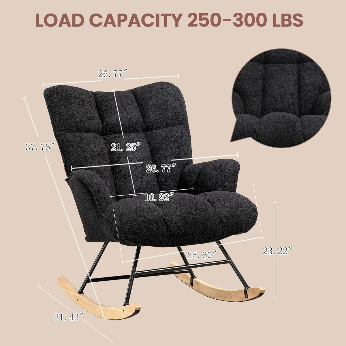 Rocking Chair Nursery Teddy Upholstered Glider Rocker Rocking Accent Chair Padded Seat with High Backrest Armchair Comfy Side Chair for Living Room Bedroom Offices (Grey Teddy)