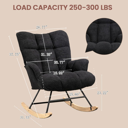 Rocking Chair Nursery Teddy Upholstered Glider Rocker Rocking Accent Chair Padded Seat with High Backrest Armchair Comfy Side Chair for Living Room Bedroom Offices (Grey Teddy)