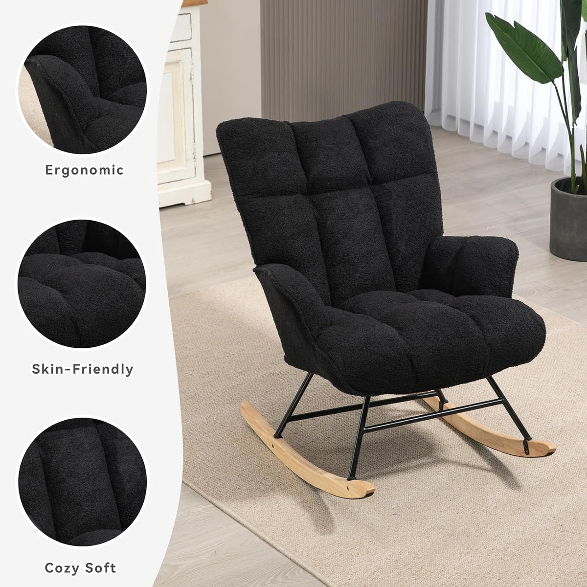 Rocking Chair Nursery Teddy Upholstered Glider Rocker Rocking Accent Chair Padded Seat with High Backrest Armchair Comfy Side Chair for Living Room Bedroom Offices (Grey Teddy)