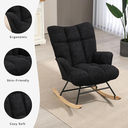 Rocking Chair Nursery Teddy Upholstered Glider Rocker Rocking Accent Chair Padded Seat with High Backrest Armchair Comfy Side Chair for Living Room Bedroom Offices (Grey Teddy)