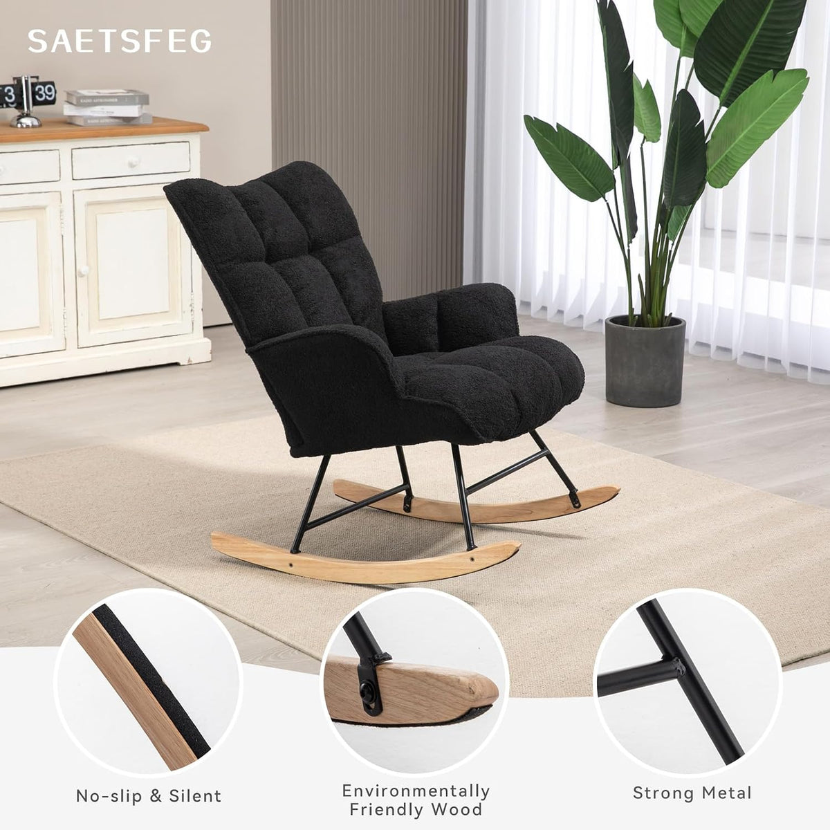 Rocking Chair Nursery Teddy Upholstered Glider Rocker Rocking Accent Chair Padded Seat with High Backrest Armchair Comfy Side Chair for Living Room Bedroom Offices (Grey Teddy)