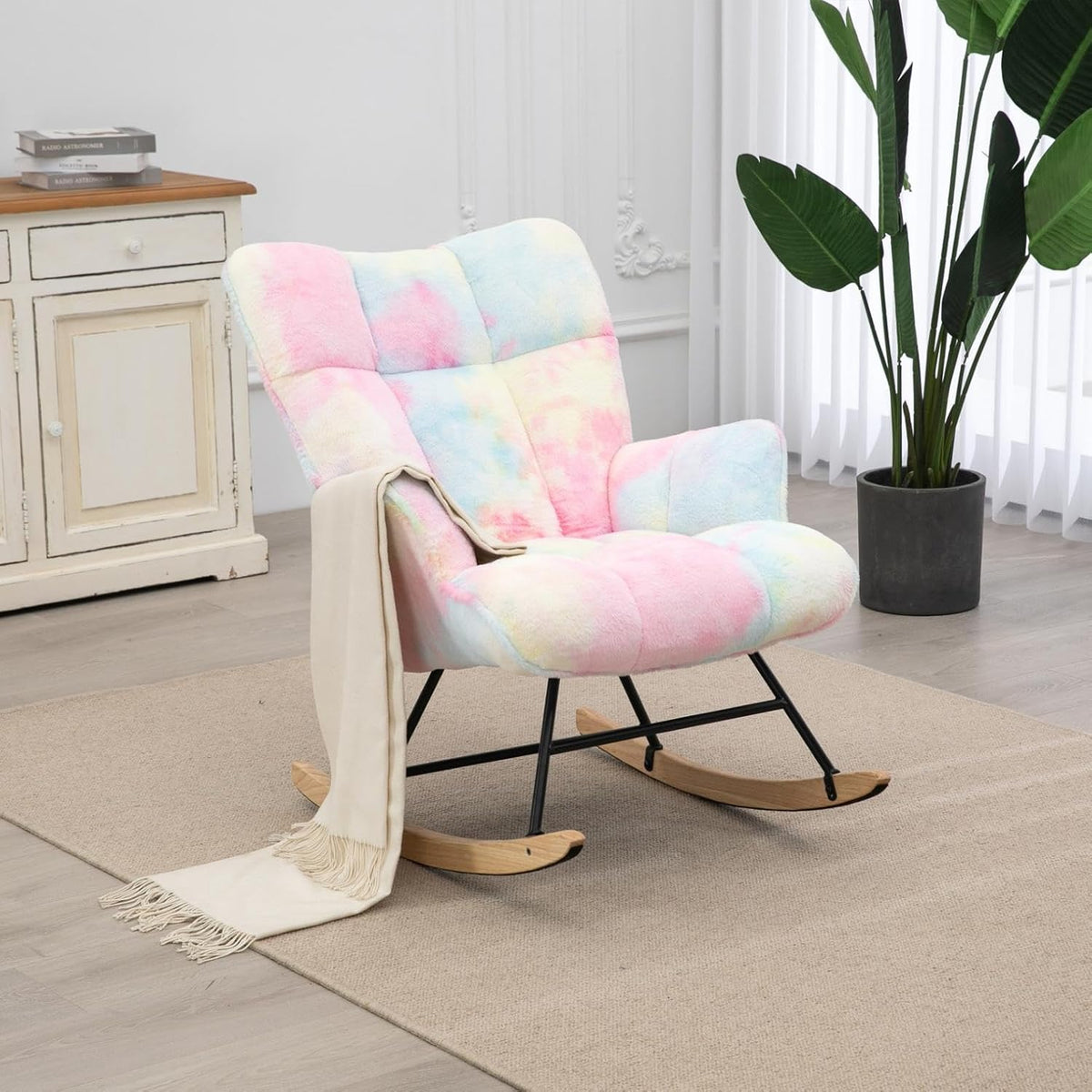 Rocking Chair Nursery Teddy Upholstered Glider Rocker Rocking Accent Chair Padded Seat with High Backrest Armchair Comfy Side Chair for Living Room Bedroom Offices (Grey Teddy)
