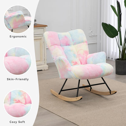 Rocking Chair Nursery Teddy Upholstered Glider Rocker Rocking Accent Chair Padded Seat with High Backrest Armchair Comfy Side Chair for Living Room Bedroom Offices (Grey Teddy)