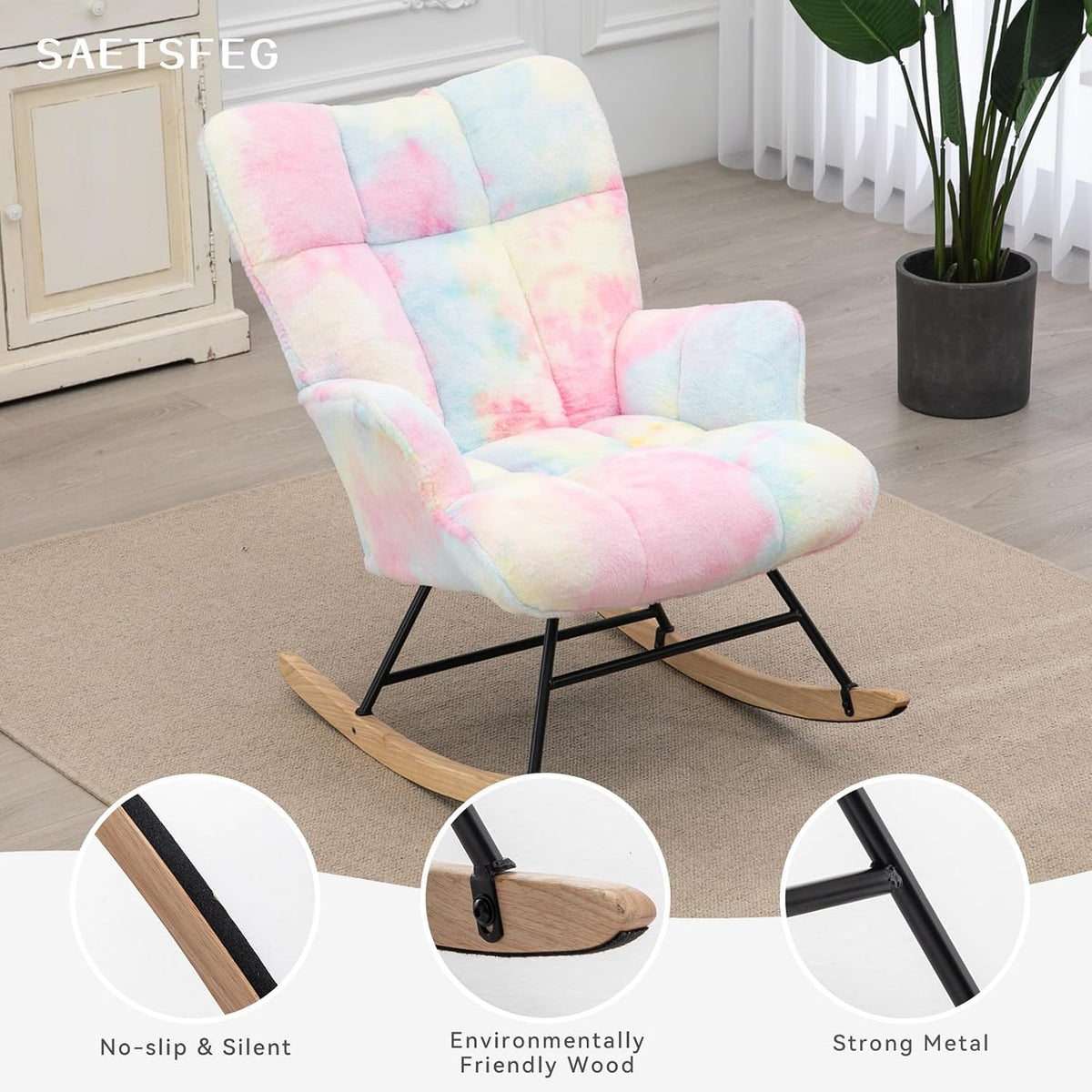 Rocking Chair Nursery Teddy Upholstered Glider Rocker Rocking Accent Chair Padded Seat with High Backrest Armchair Comfy Side Chair for Living Room Bedroom Offices (Grey Teddy)