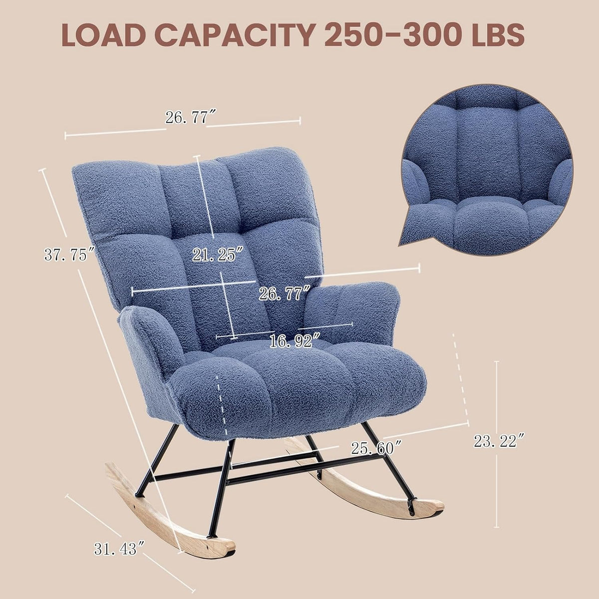 Rocking Chair Nursery Teddy Upholstered Glider Rocker Rocking Accent Chair Padded Seat with High Backrest Armchair Comfy Side Chair for Living Room Bedroom Offices (Grey Teddy)