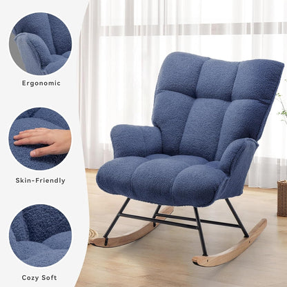 Rocking Chair Nursery Teddy Upholstered Glider Rocker Rocking Accent Chair Padded Seat with High Backrest Armchair Comfy Side Chair for Living Room Bedroom Offices (Grey Teddy)