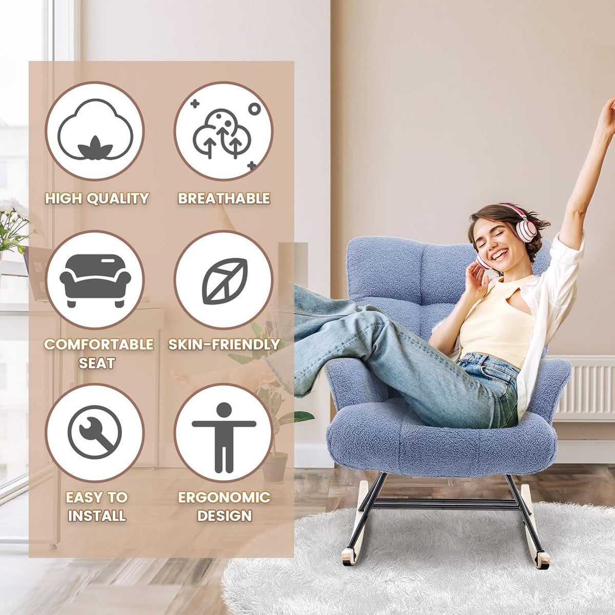 Rocking Chair Nursery Teddy Upholstered Glider Rocker Rocking Accent Chair Padded Seat with High Backrest Armchair Comfy Side Chair for Living Room Bedroom Offices (Grey Teddy)