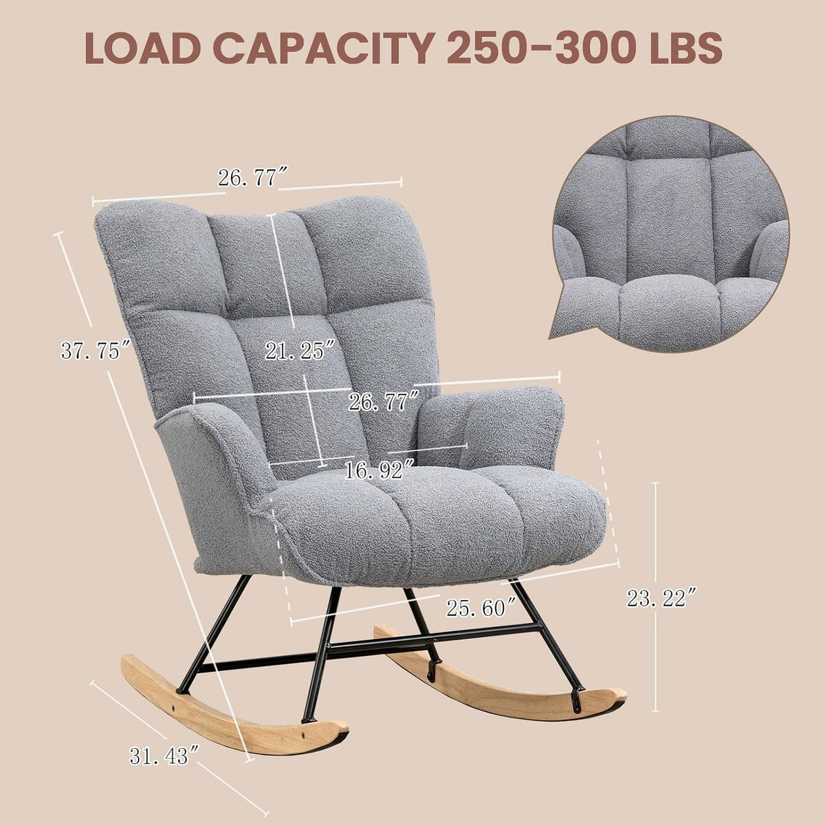 Rocking Chair Nursery Teddy Upholstered Glider Rocker Rocking Accent Chair Padded Seat with High Backrest Armchair Comfy Side Chair for Living Room Bedroom Offices (Grey Teddy)