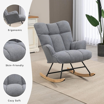 Rocking Chair Nursery Teddy Upholstered Glider Rocker Rocking Accent Chair Padded Seat with High Backrest Armchair Comfy Side Chair for Living Room Bedroom Offices (Grey Teddy)