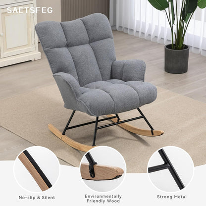 Rocking Chair Nursery Teddy Upholstered Glider Rocker Rocking Accent Chair Padded Seat with High Backrest Armchair Comfy Side Chair for Living Room Bedroom Offices (Grey Teddy)