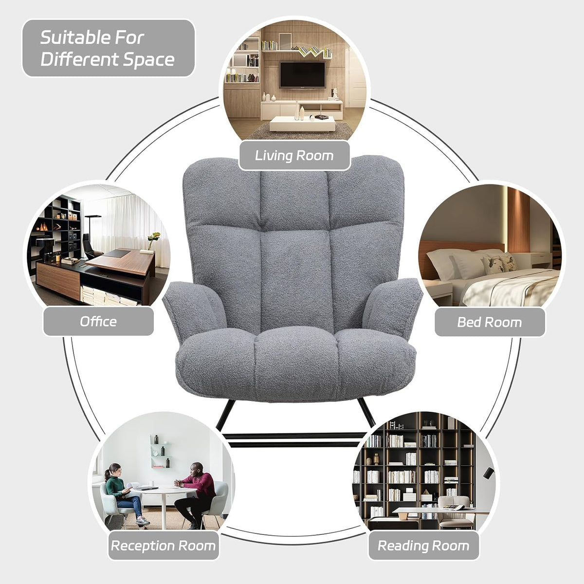 Rocking Chair Nursery Teddy Upholstered Glider Rocker Rocking Accent Chair Padded Seat with High Backrest Armchair Comfy Side Chair for Living Room Bedroom Offices (Grey Teddy)