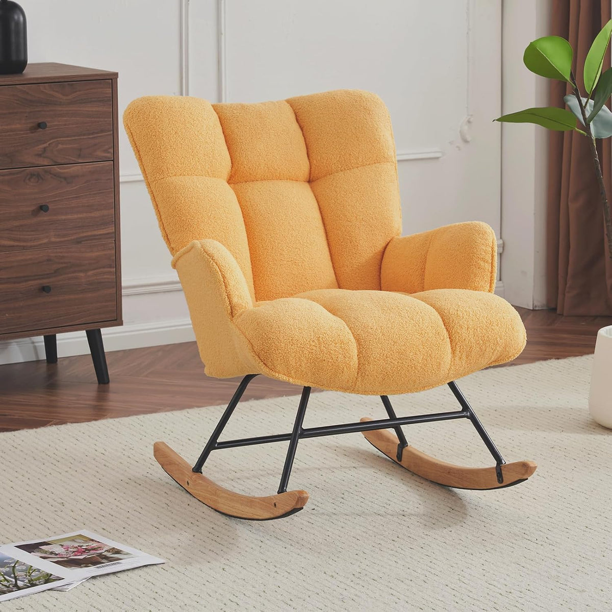 Rocking Chair Nursery Teddy Upholstered Glider Rocker Rocking Accent Chair Padded Seat with High Backrest Armchair Comfy Side Chair for Living Room Bedroom Offices (Grey Teddy)