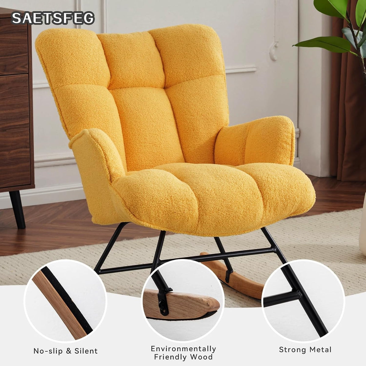 Rocking Chair Nursery Teddy Upholstered Glider Rocker Rocking Accent Chair Padded Seat with High Backrest Armchair Comfy Side Chair for Living Room Bedroom Offices (Grey Teddy)