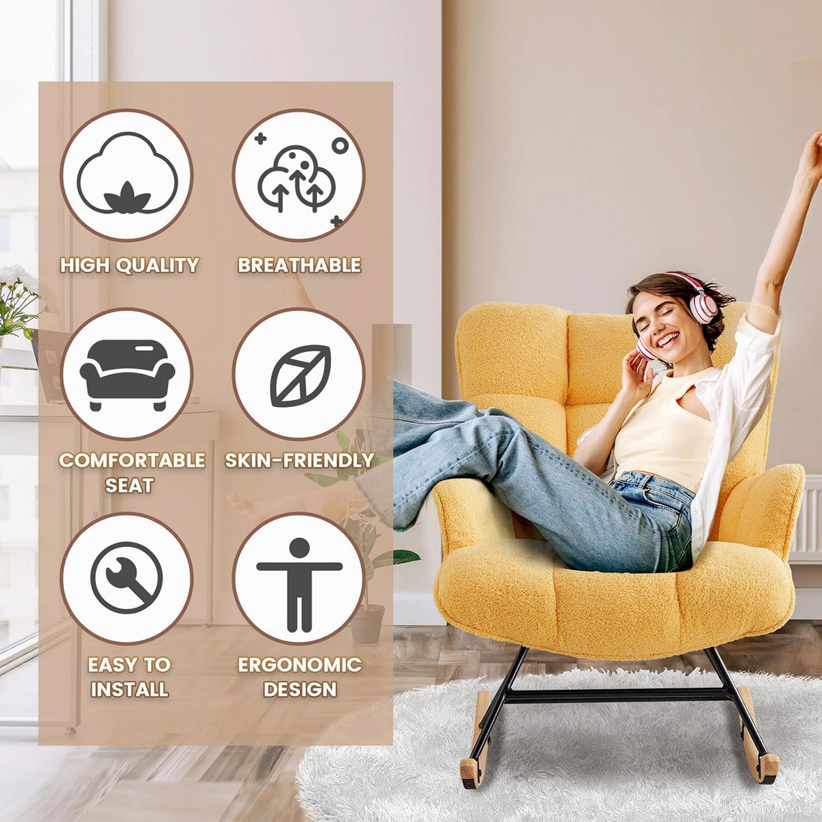 Rocking Chair Nursery Teddy Upholstered Glider Rocker Rocking Accent Chair Padded Seat with High Backrest Armchair Comfy Side Chair for Living Room Bedroom Offices (Grey Teddy)