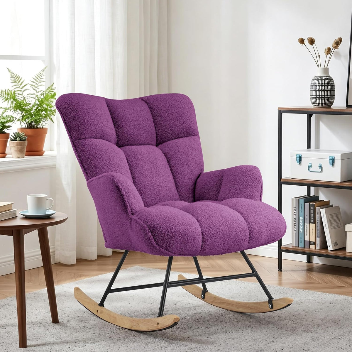 Rocking Chair Nursery Teddy Upholstered Glider Rocker Rocking Accent Chair Padded Seat with High Backrest Armchair Comfy Side Chair for Living Room Bedroom Offices (Grey Teddy)