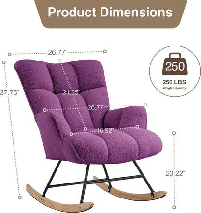 Rocking Chair Nursery Teddy Upholstered Glider Rocker Rocking Accent Chair Padded Seat with High Backrest Armchair Comfy Side Chair for Living Room Bedroom Offices (Grey Teddy)