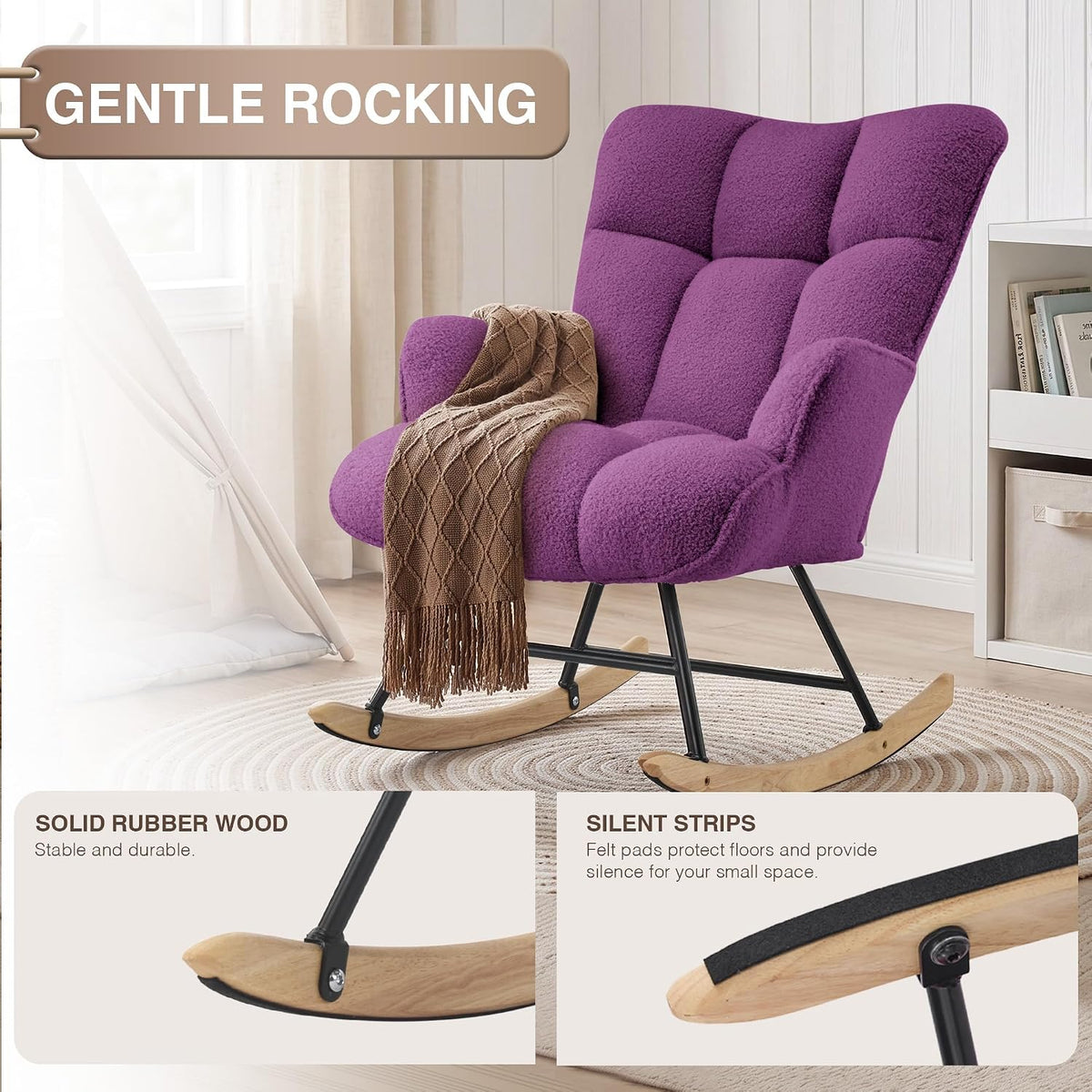 Rocking Chair Nursery Teddy Upholstered Glider Rocker Rocking Accent Chair Padded Seat with High Backrest Armchair Comfy Side Chair for Living Room Bedroom Offices (Grey Teddy)
