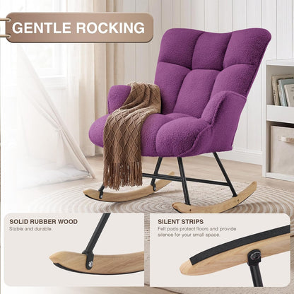 Rocking Chair Nursery Teddy Upholstered Glider Rocker Rocking Accent Chair Padded Seat with High Backrest Armchair Comfy Side Chair for Living Room Bedroom Offices (Grey Teddy)